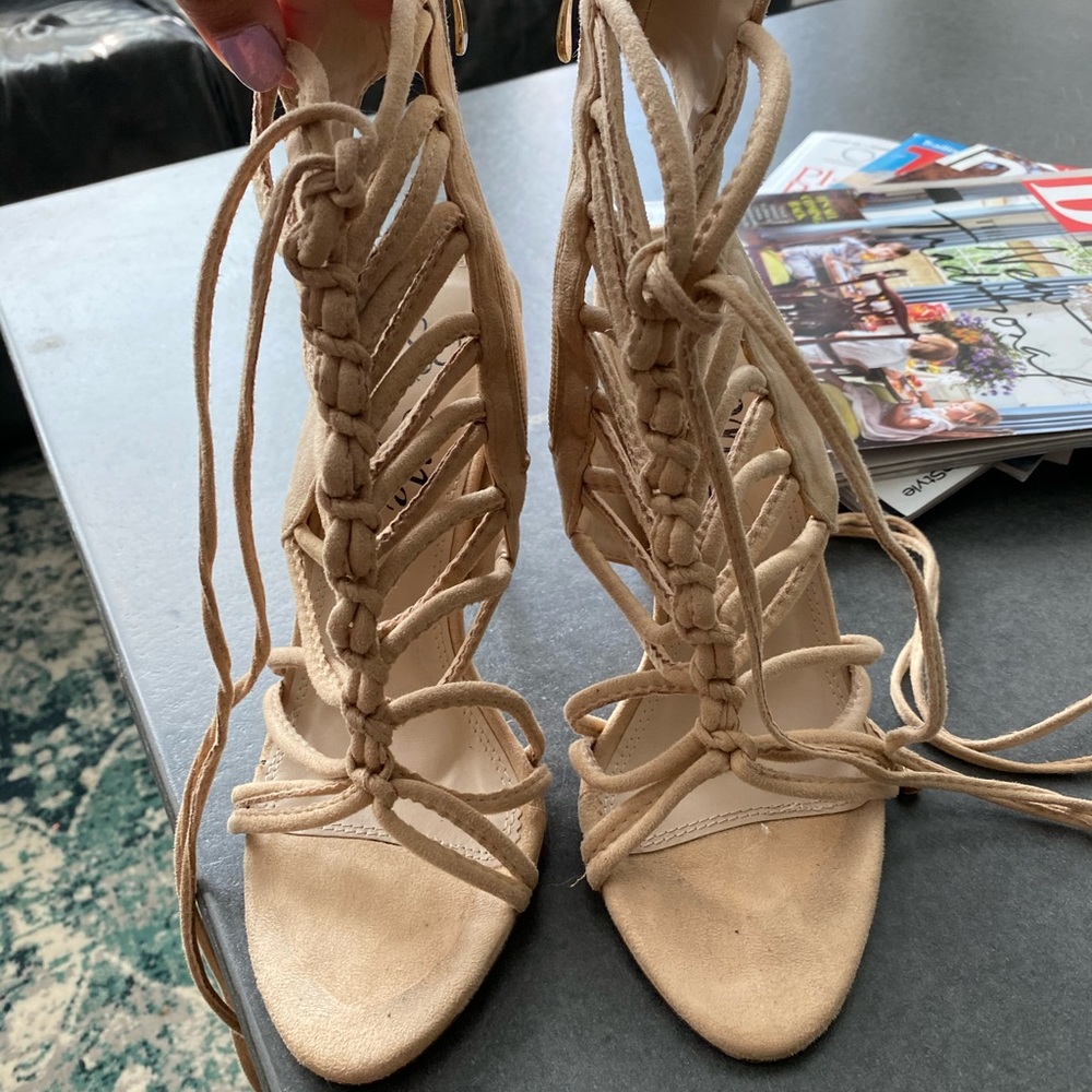Nude Ankle Tie Heels
